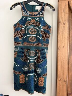 J.O.A. Teal Green Embroidered Sheath Dress with Copper and White Accents